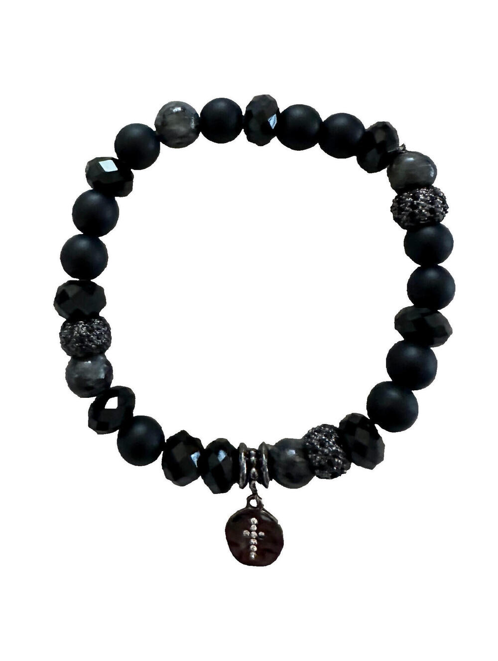 New in Box Black Beaded Stone Bracelet Crystal Cross Key Charms Stretch One Size
